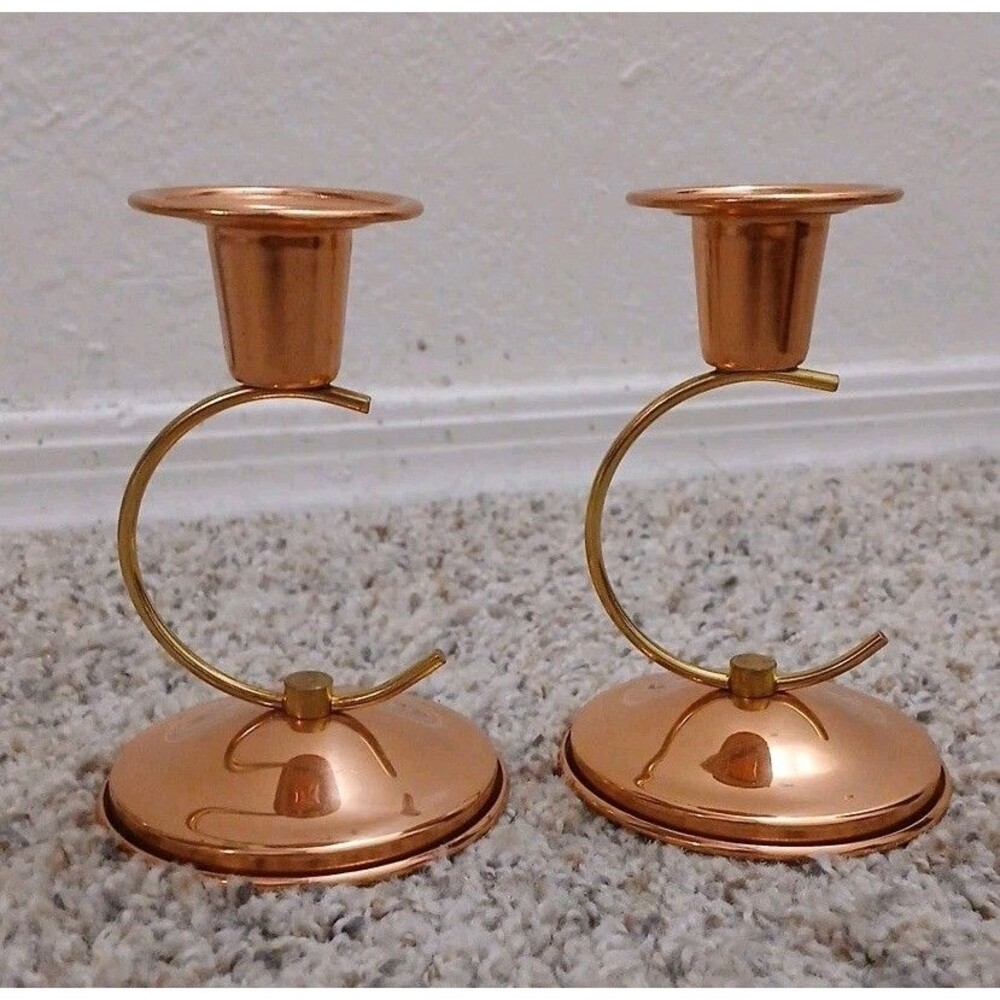 Vintage Mid Century Modern Coppercraft Guild Candle Holders MCM Arch C-Curve USA